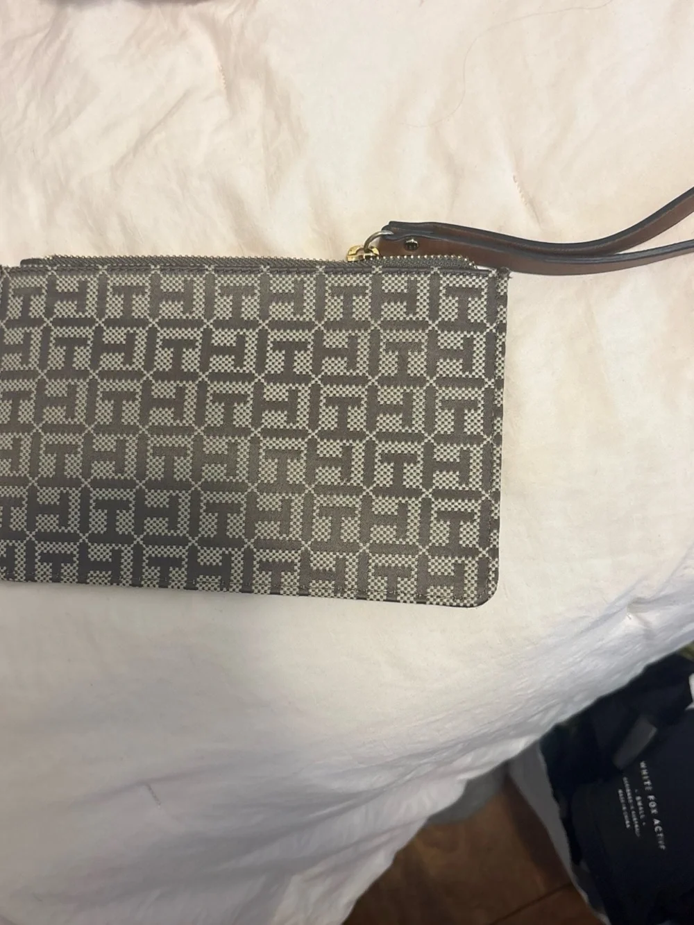 Tommy Hilfiger Gray Monogram Canvas Zip Wristlet with Gold Hardware